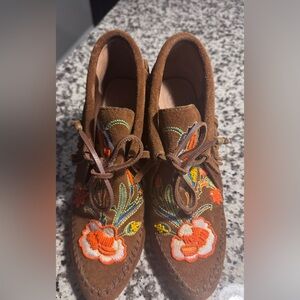 Tory Burch Brown Embroidered Moccasins